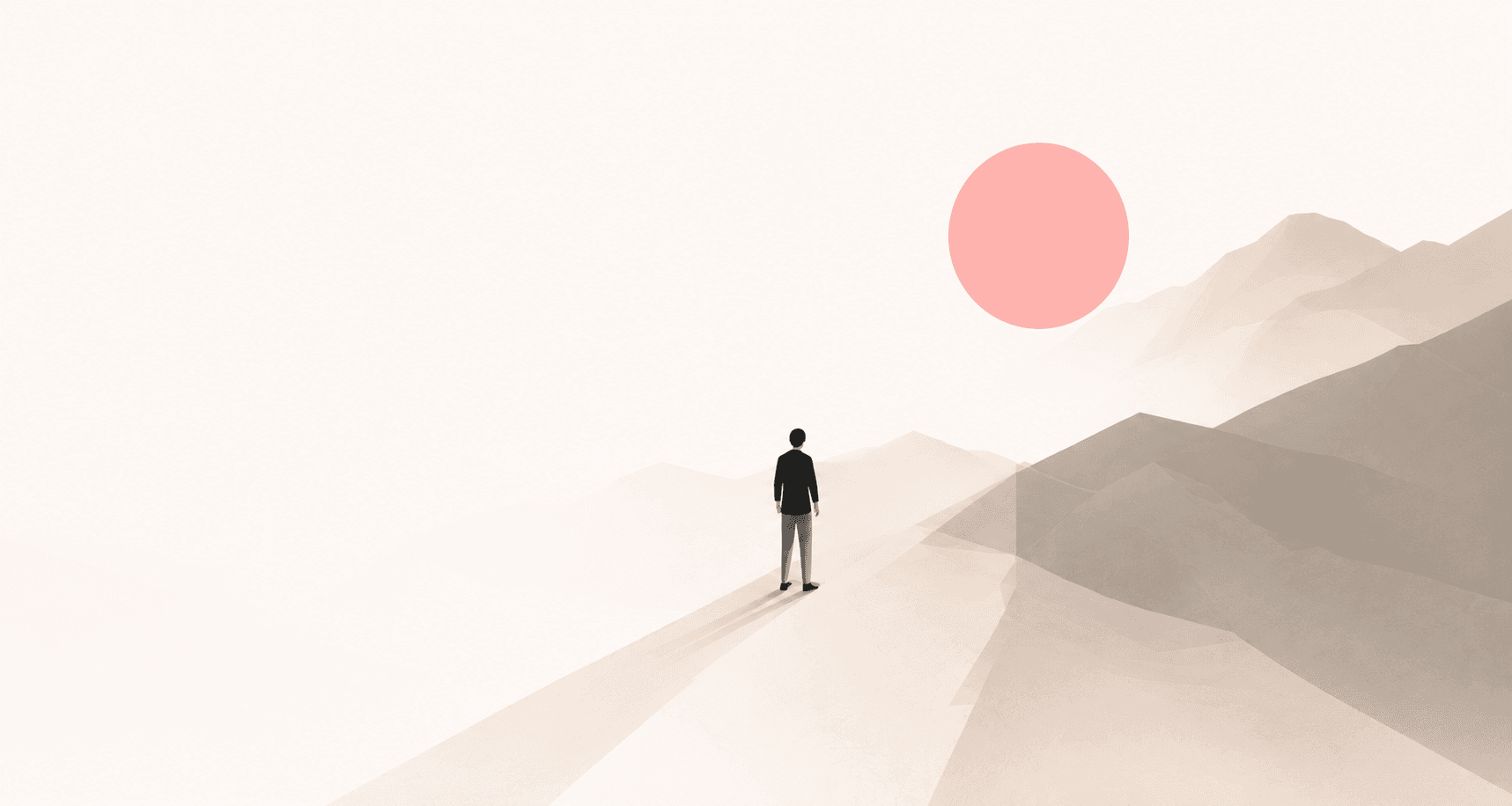 Silhouette face à des montagnes, sous un soleil rose : symbole du chemin vers la bonne formation en IA.