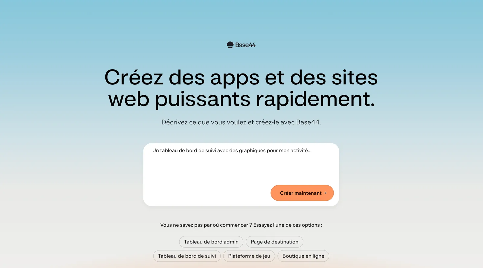 Interface de création d'application Base44 : un champ pour décrire en français l'application à créer, avec des suggestions comme un tableau de bord ou une boutique en ligne