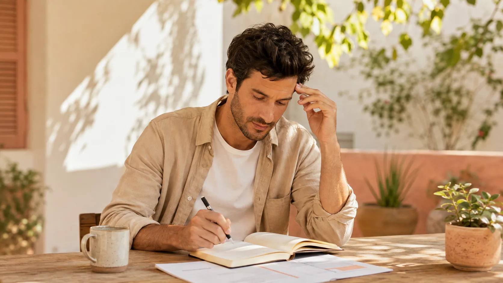 Un indépendant qui prend des notes en terrasse, à la recherche du problème à régler avant de choisir une formation