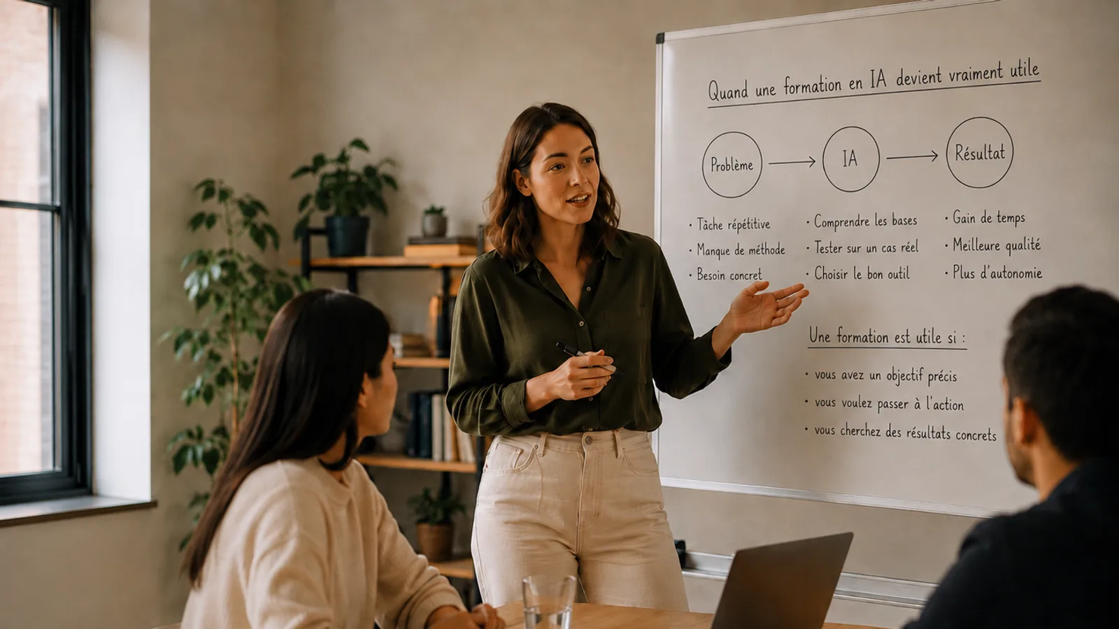 Présentation au tableau blanc des cas où une formation en IA devient vraiment utile, devant deux indépendants attablés