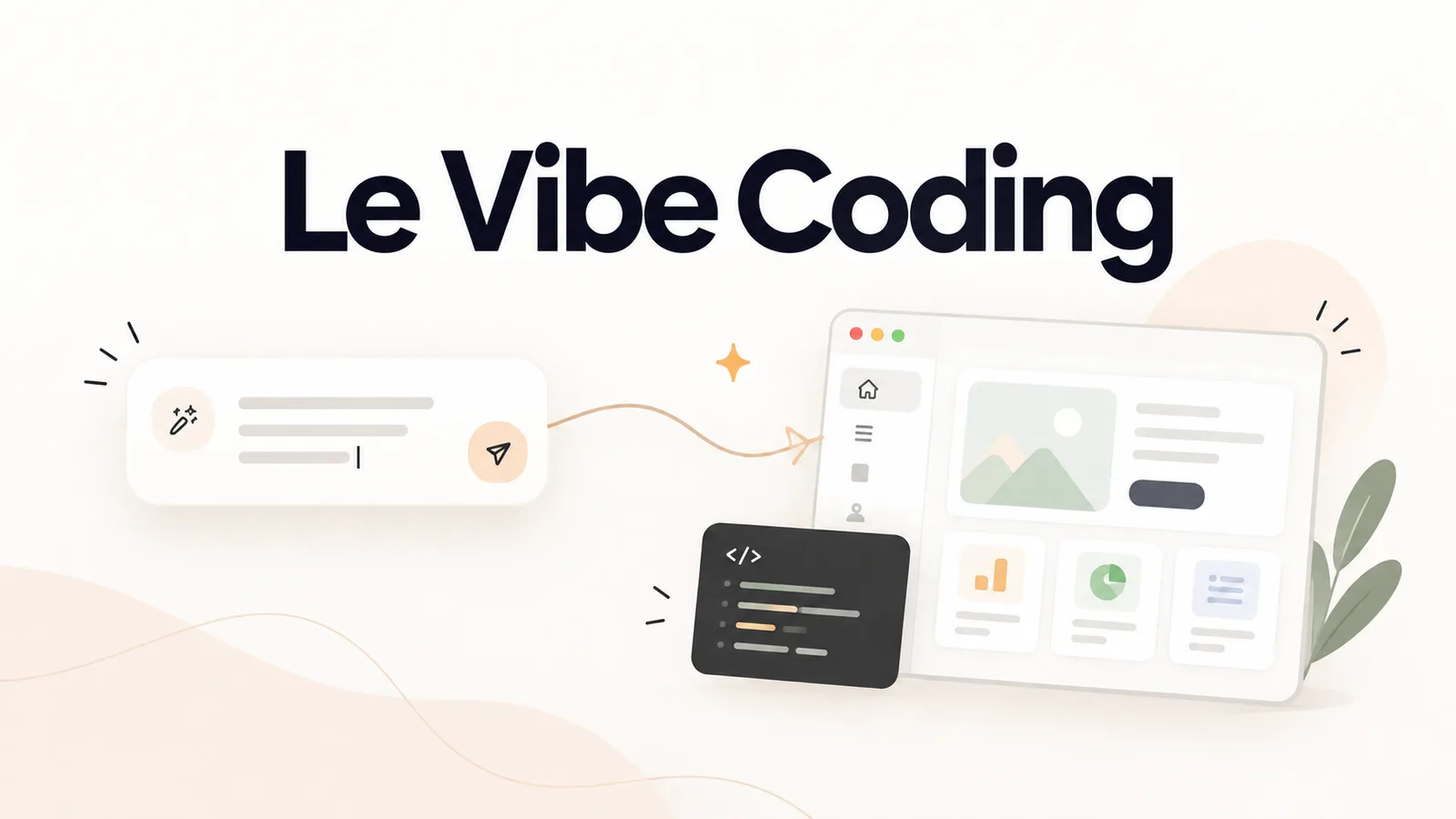 Illustration du vibe coding : une demande écrite à une IA devient une application affichée à l'écran